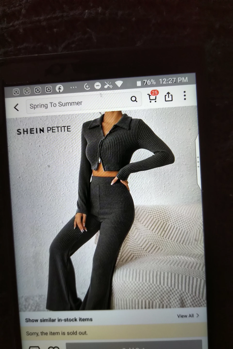 SHEIN Petite Ribbed Zipper Crop Top and Flare Pants Set - photo 4