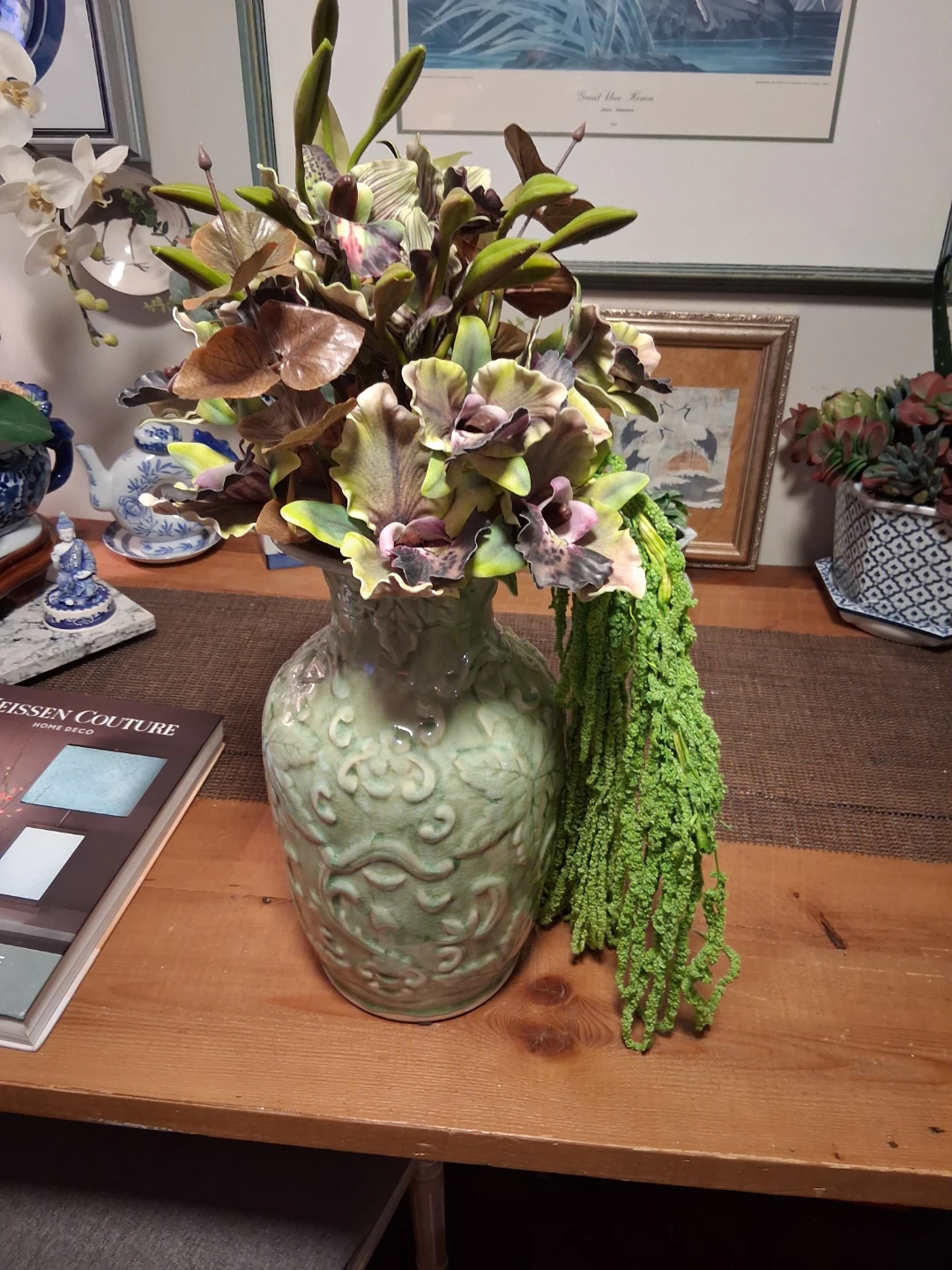Vintage Embossed Ceramic Vase - Light Green