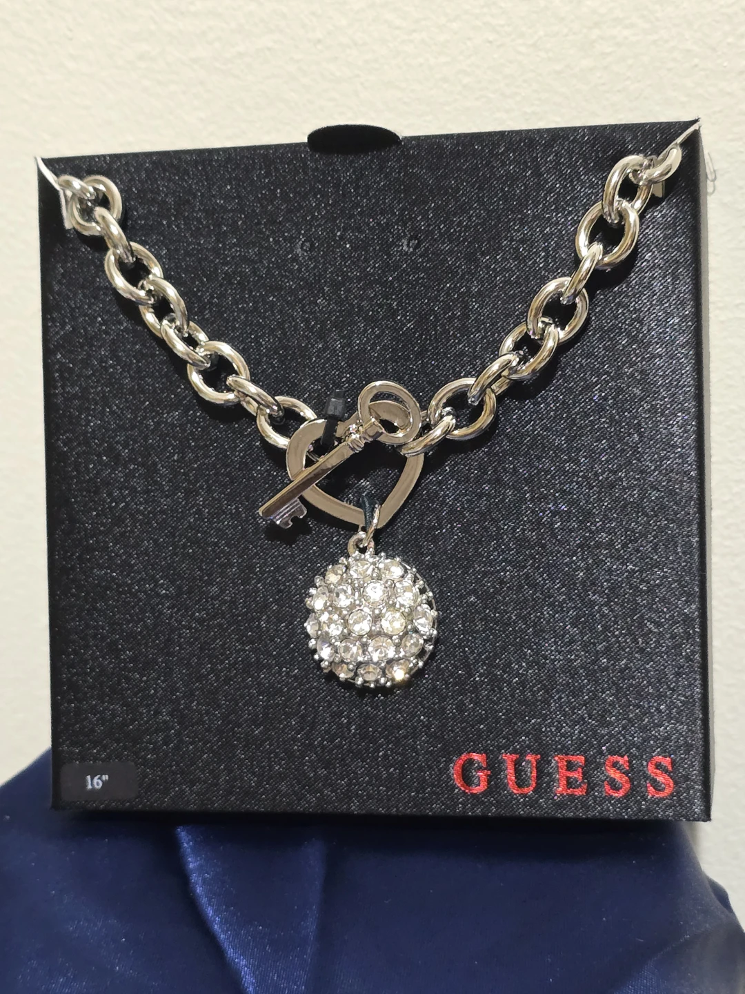 Guess Silver-Tone Heart Toggle Necklace with Crystal Ball