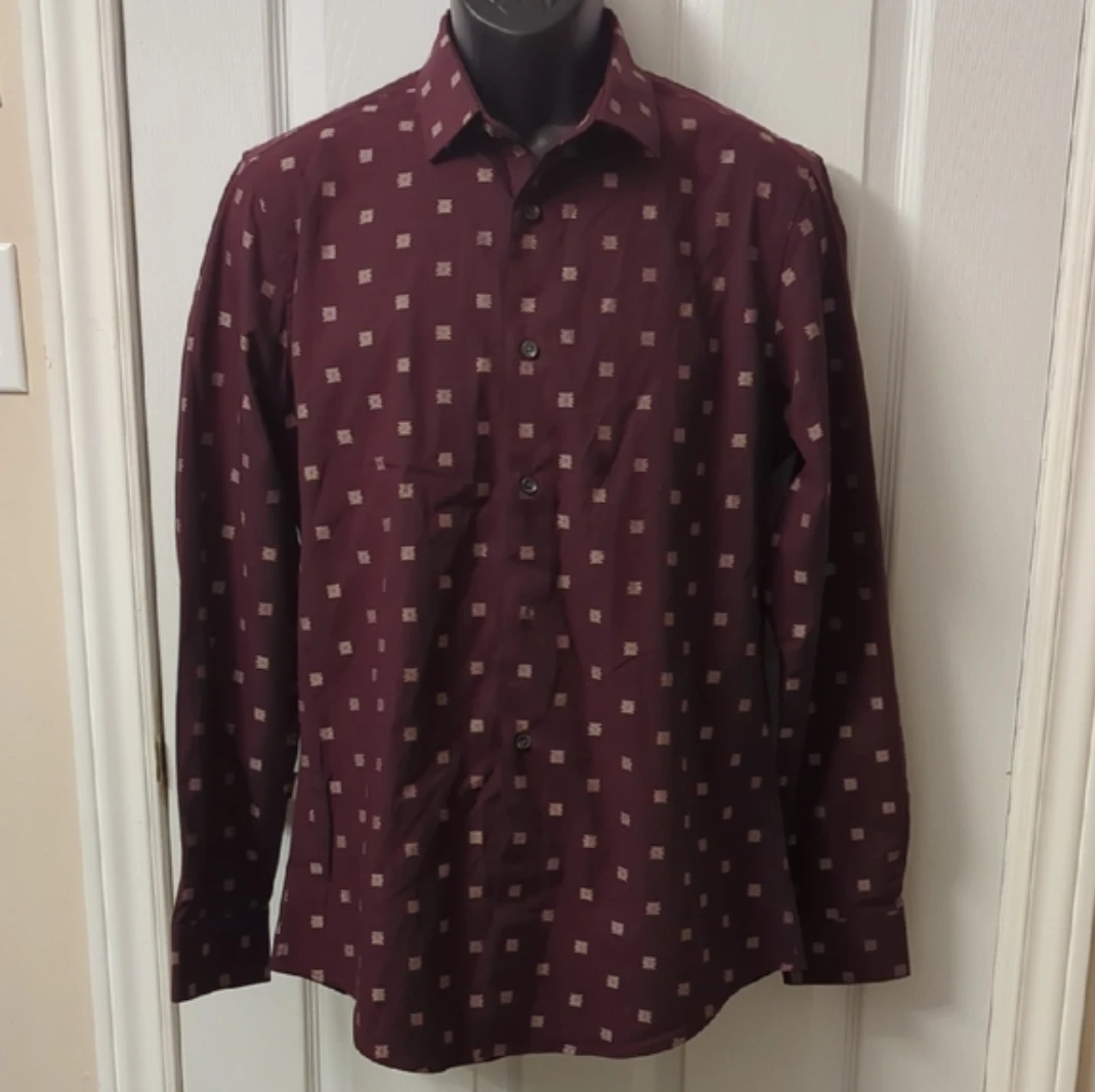 Grafton Men's Burgundy Patterned Button-Up Shirt - Size Medium