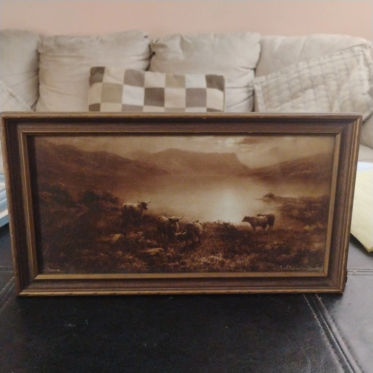 Framed Landscape Painting with Cattle