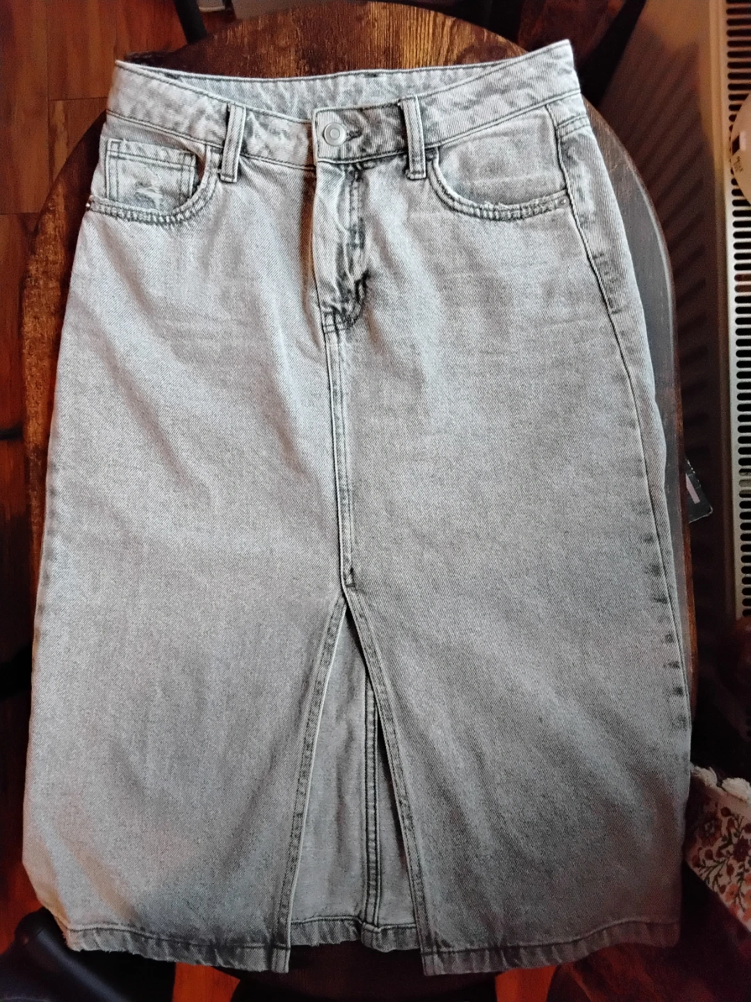 Grey Denim Midi Skirt with Front Slit
