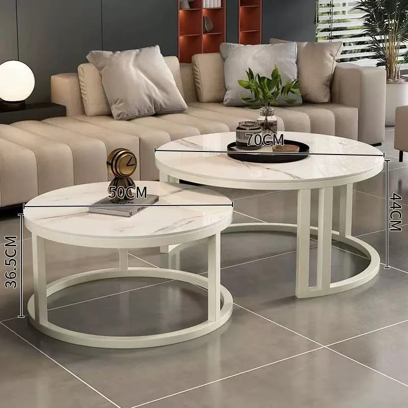 Set of 2 Round Nesting Coffee Tables White Marble Top