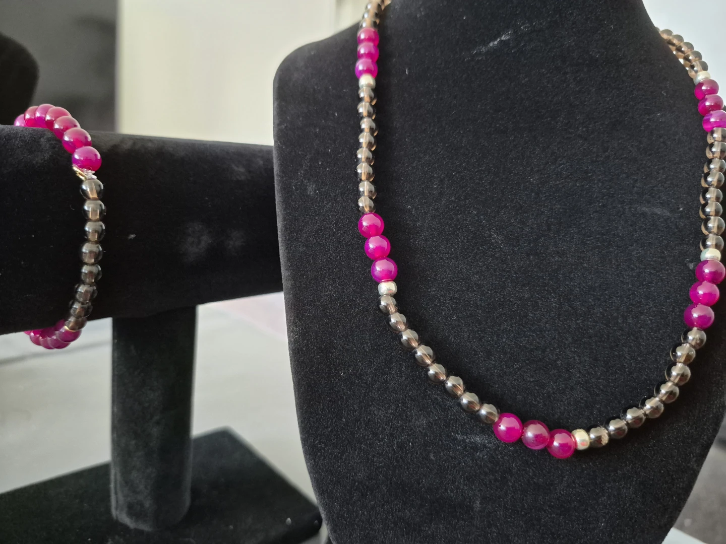 Smokey Quartz and Cherry Crystal Bracelet & Necklace Set