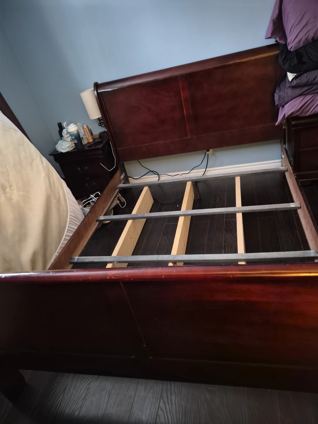 Dark Wood Queen Sleigh Bed Frame, Dresser and 2 Nightstands