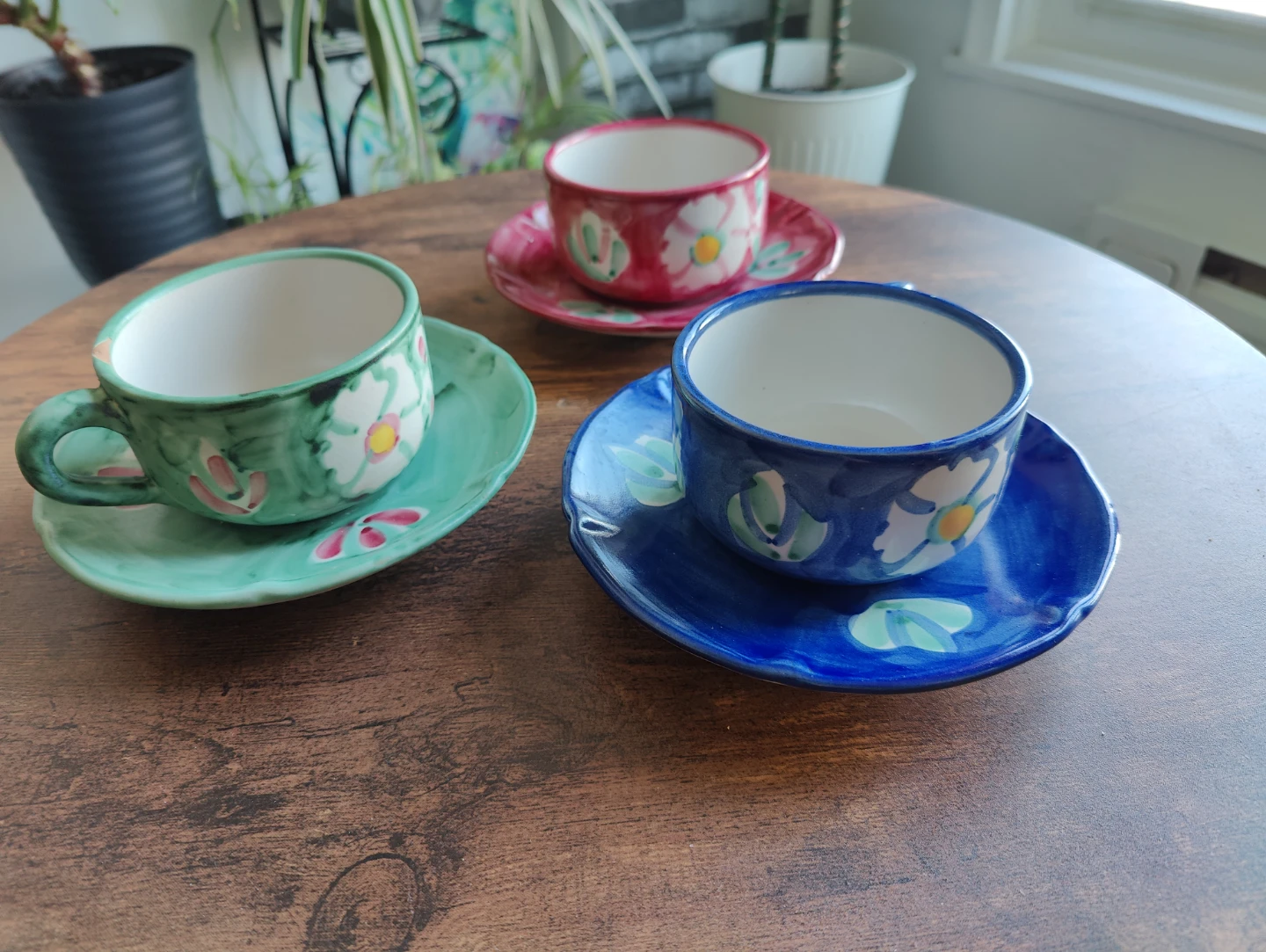Set of 3 Hand-Painted Ceramic Tea Cups and Saucers