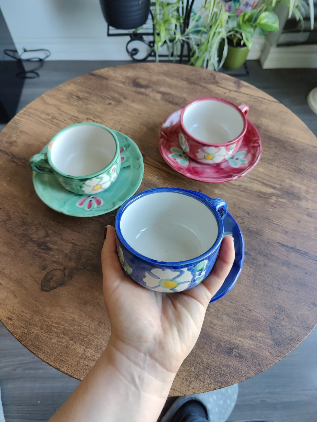 Set of 3 Hand-Painted Ceramic Tea Cups and Saucers - photo 2