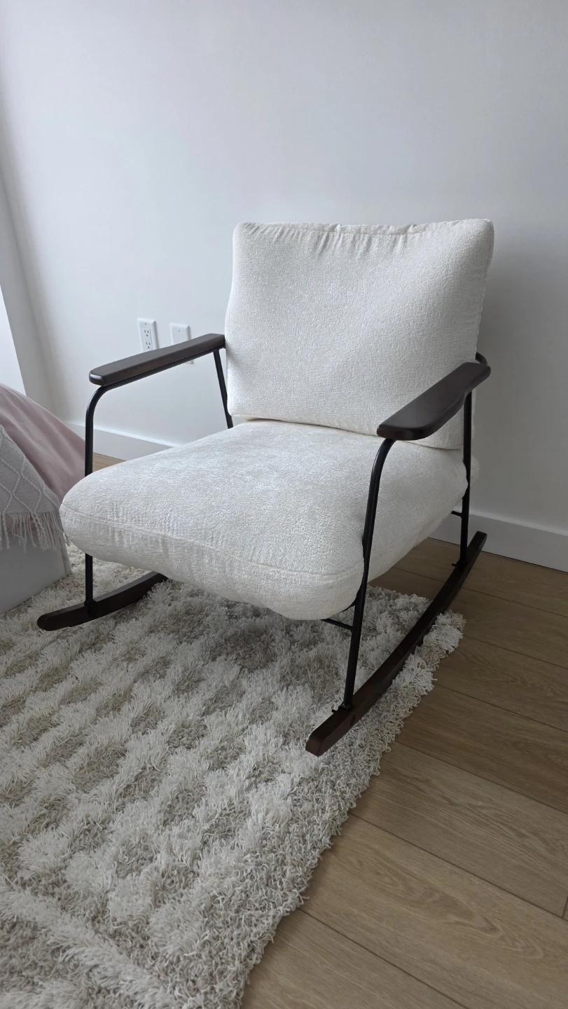 Cream Upholstered Rocking Chair with Wood Armrests