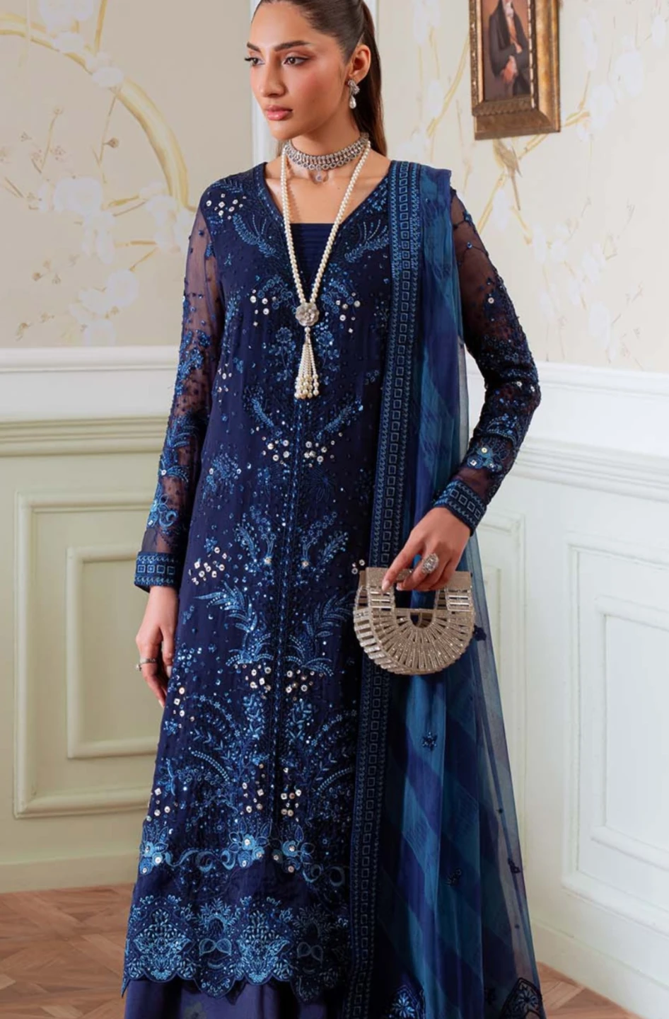 Navy Blue Embellished Dress with Dupatta - photo 3