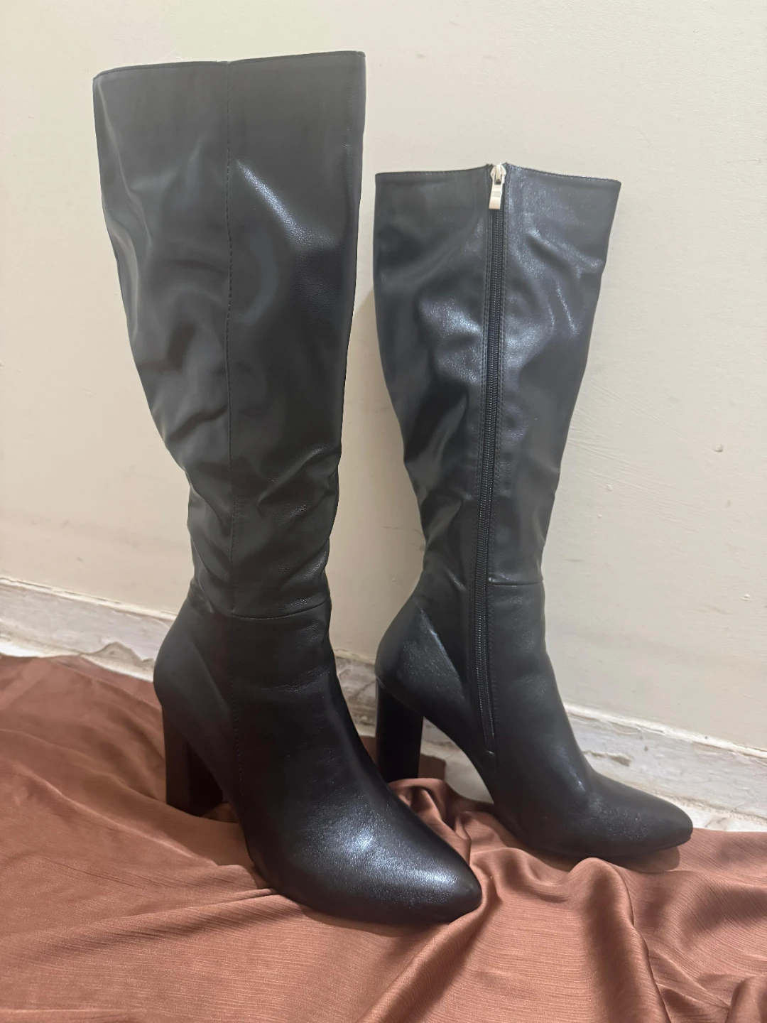 Black Faux Leather Knee-High Boots