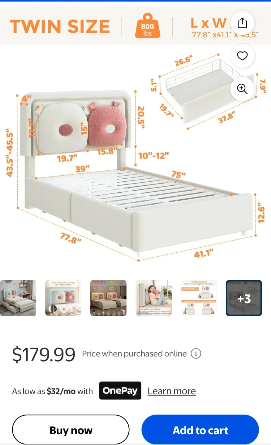 Vipuse Twin Size Upholstered LED Bed Frame - Off White - photo 3