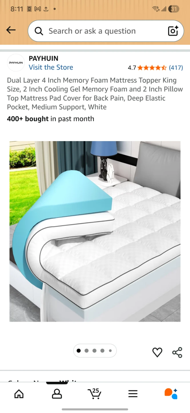 PAYHUIN Dual Layer 4 Inch Memory Foam Mattress Topper King White