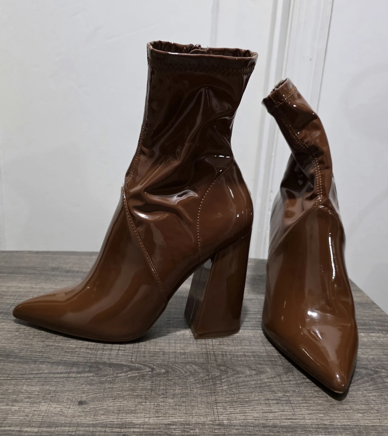Brown Patent Leather Heeled Ankle Boots