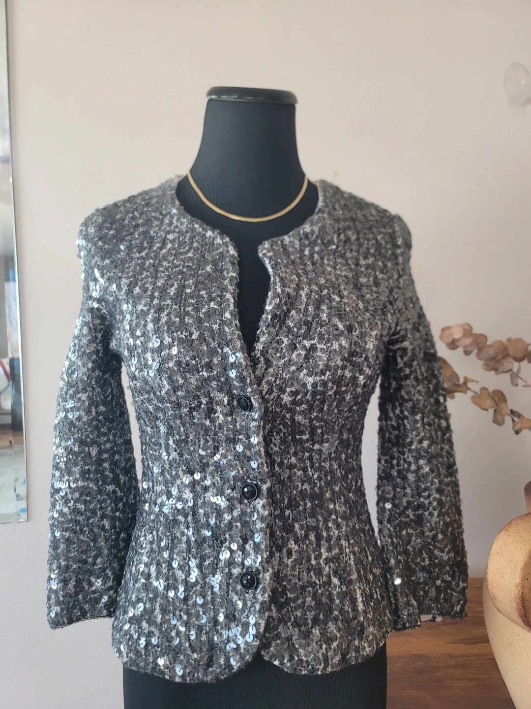 Etcetera Shimmering Sequin Knit Cardigan Mob Wife Sz XS Cotton - photo 4