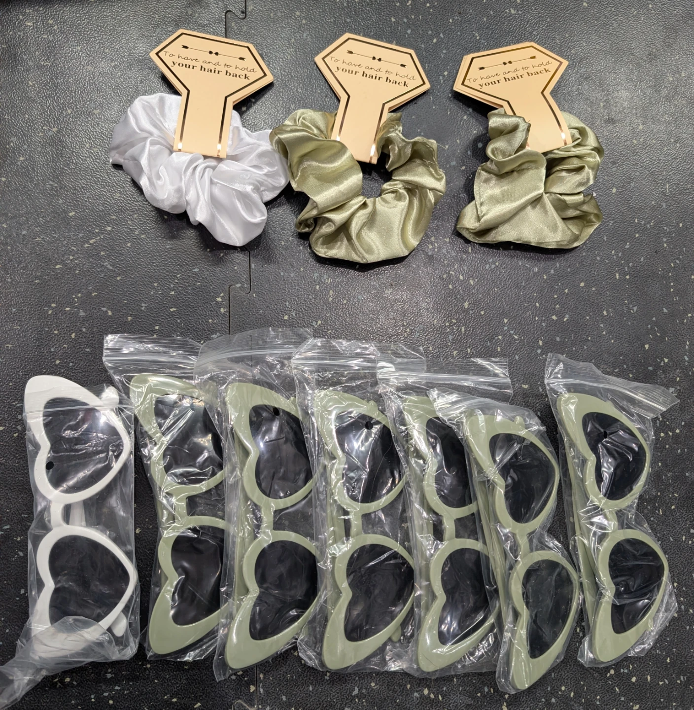 3 Satin Scrunchies & 7 Heart Sunglasses Set