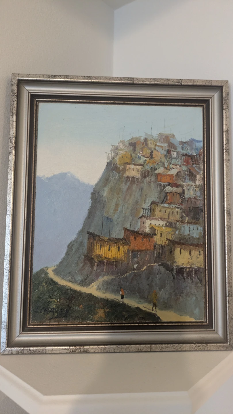 Framed Oil Painting of Mountain Village Scene