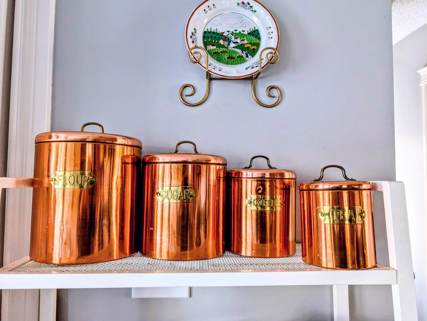 Set of 4 Copper Kitchen Canisters - Flour, Sugar, Coffee, Tea