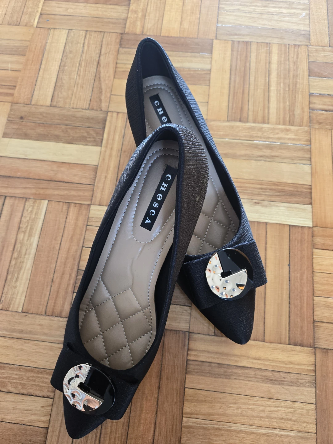 CHIESCA Black Embellished Pointed Toe Flats