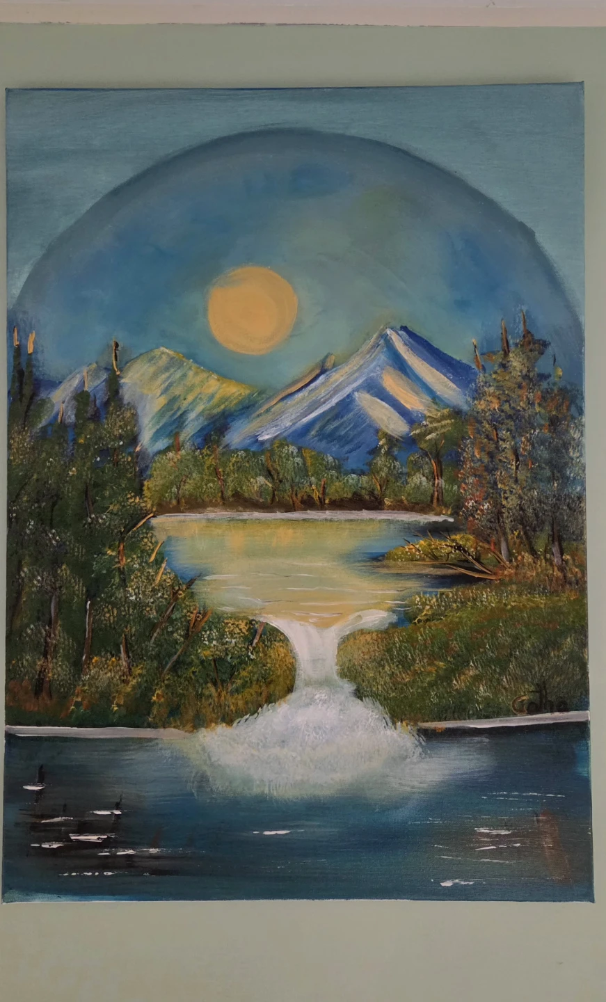 Acrylic Landscape Painting with Waterfall