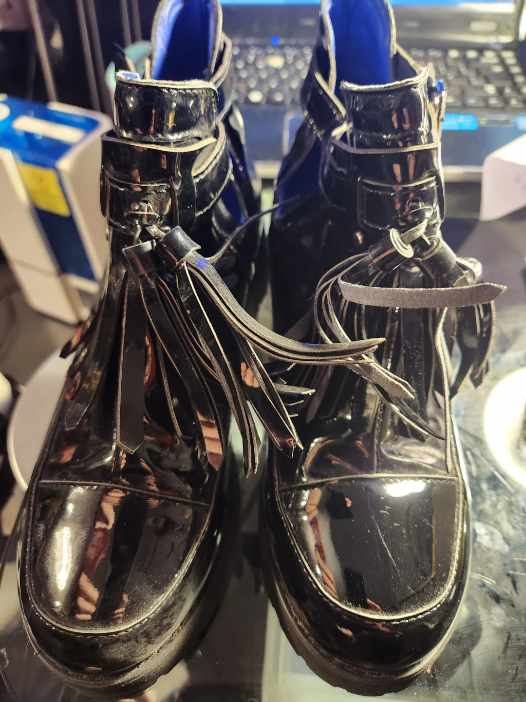 Black Patent Platform Boots with Tassels