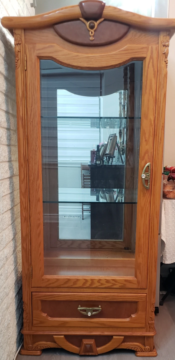 Oak Display Cabinet with Glass Door and Drawer