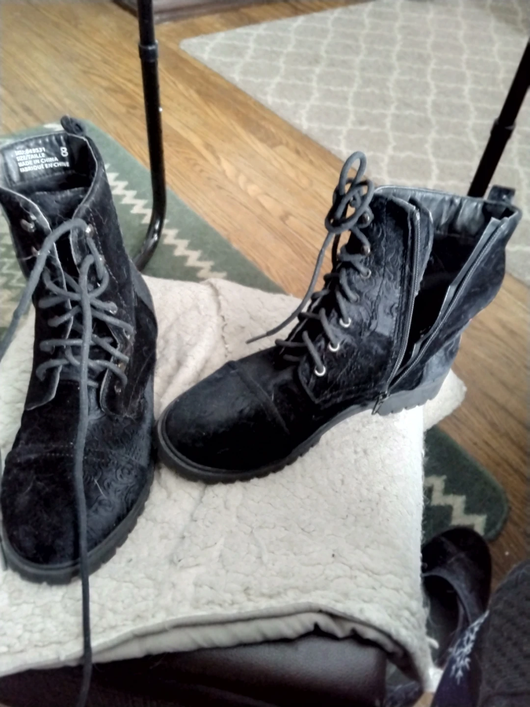 Black Velvet Combat Boots - Size 8