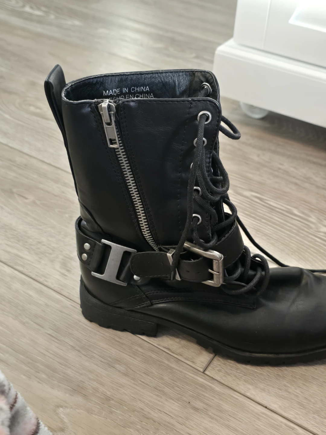 Black Lace-Up Buckle Combat Boots
