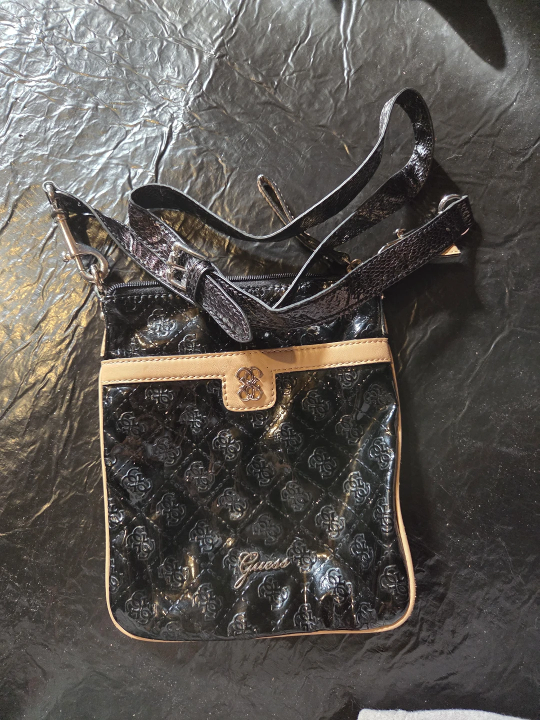 Guess Black Patent Quilted Crossbody Bag