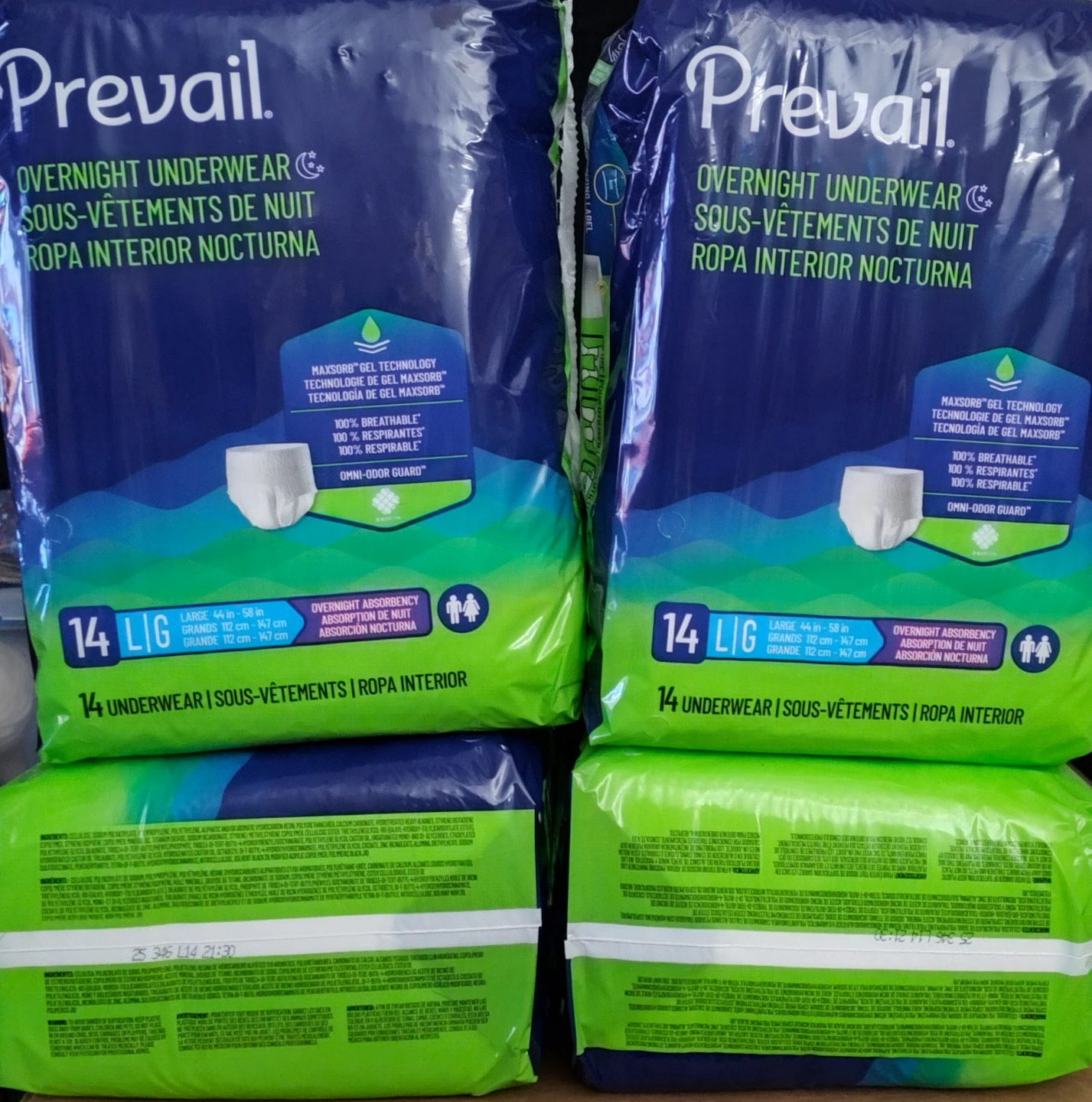 (Four packs)Prevail Overnight Underwear, Size Large, 14 Count