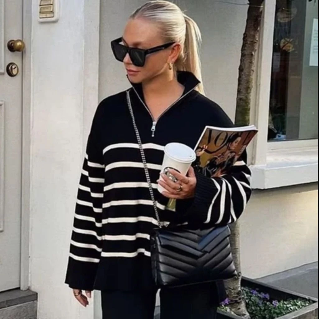 Zara black white stripe half zip sweater