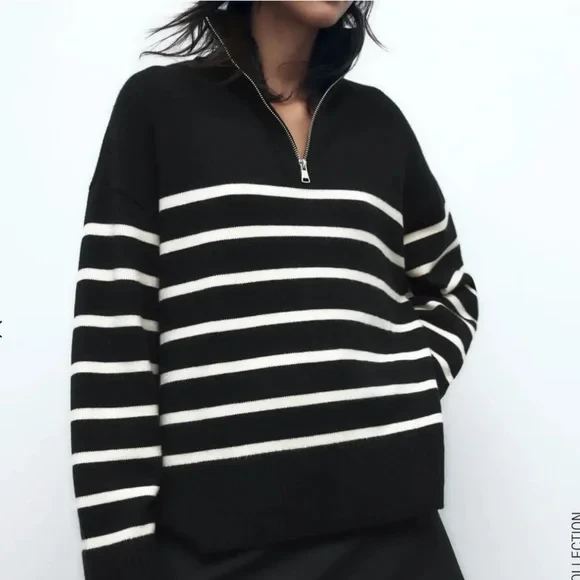 Zara black white stripe half zip sweater - photo 3