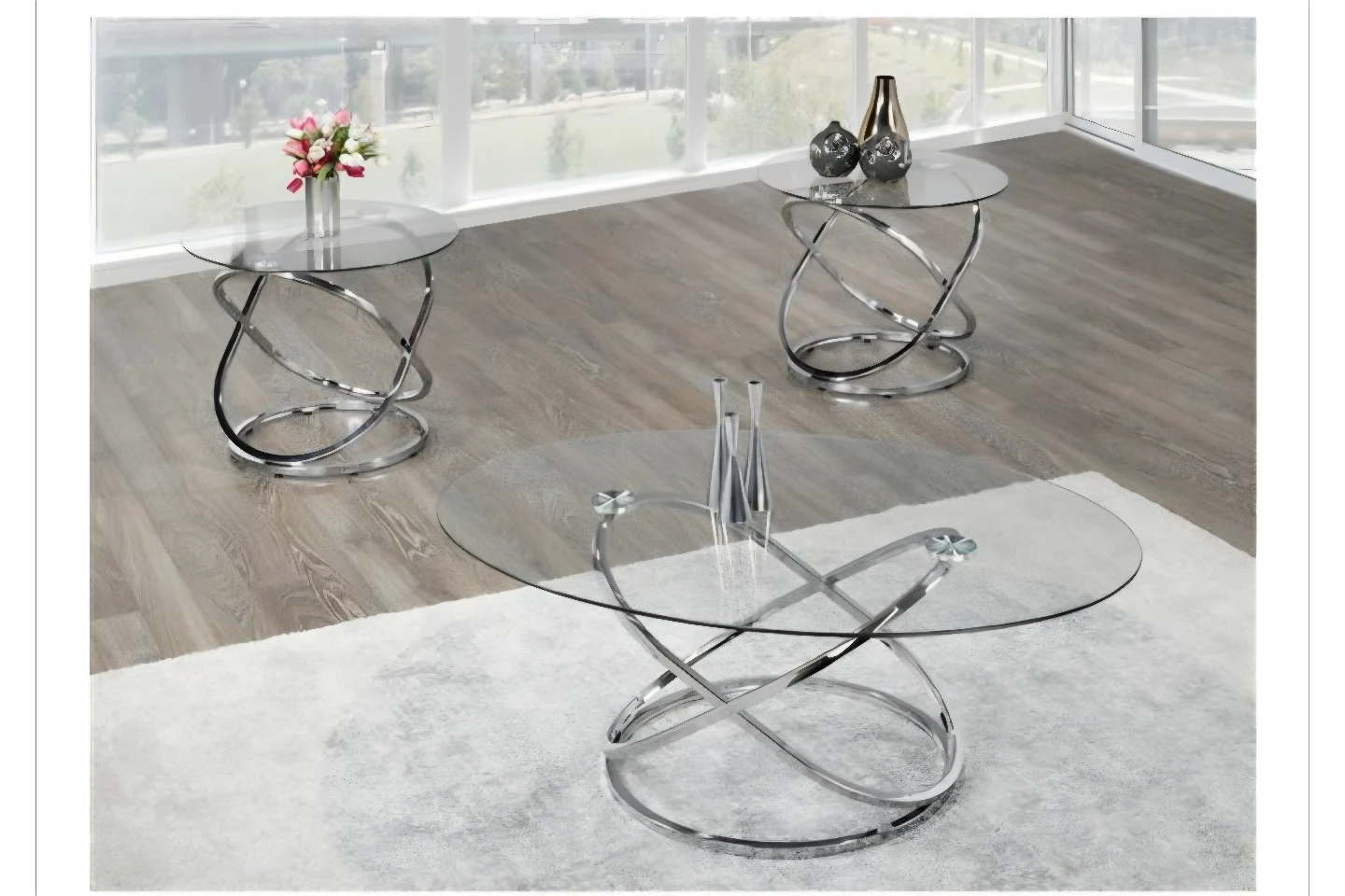 Glass and Chrome Coffee Table Set