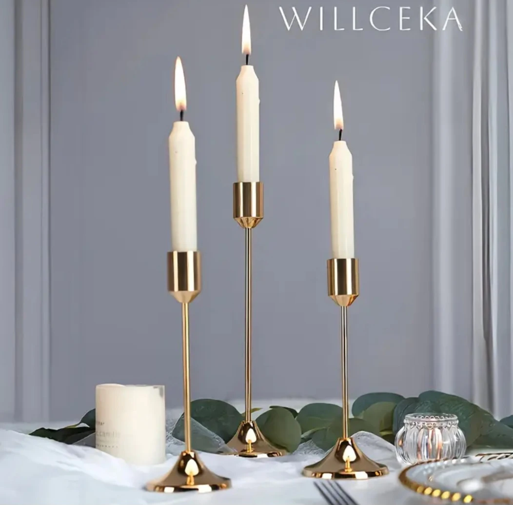 WILLCEKA Gold Metal Candlestick Holders Set of 3