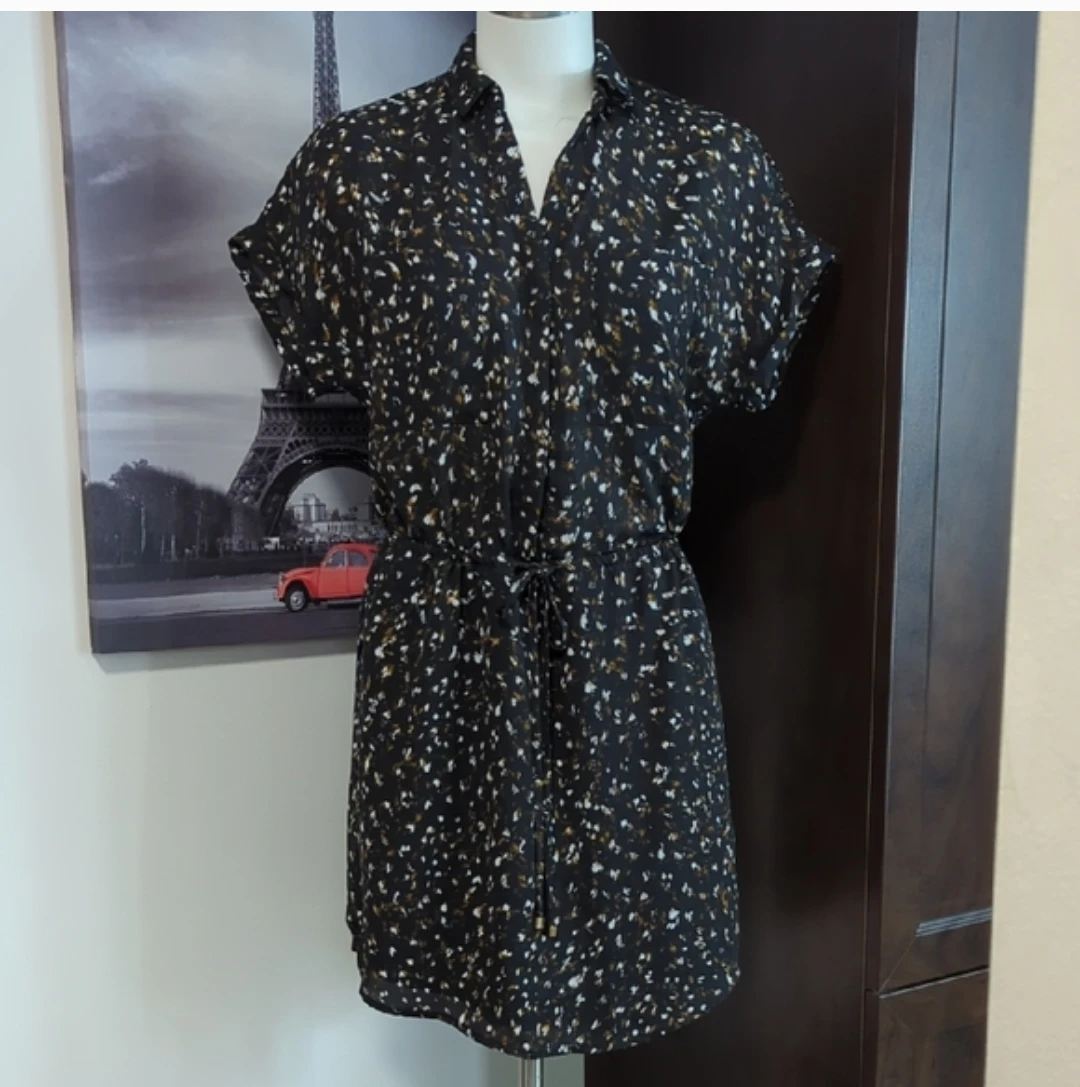 Black Printed Shirt Dress with Drawstring Waist
