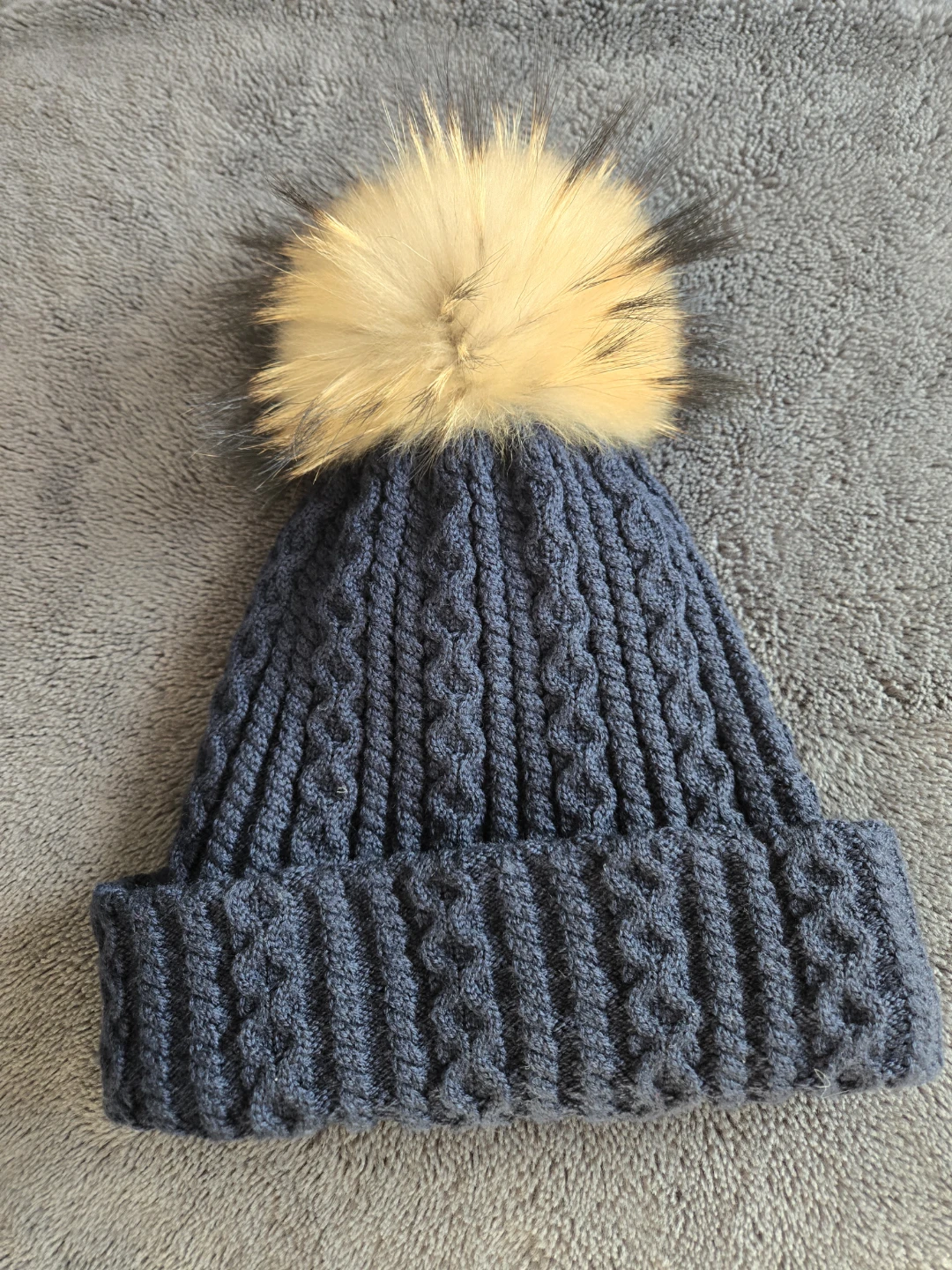 Lindo F Blue Cable Knit Beanie with Fur Pom Pom