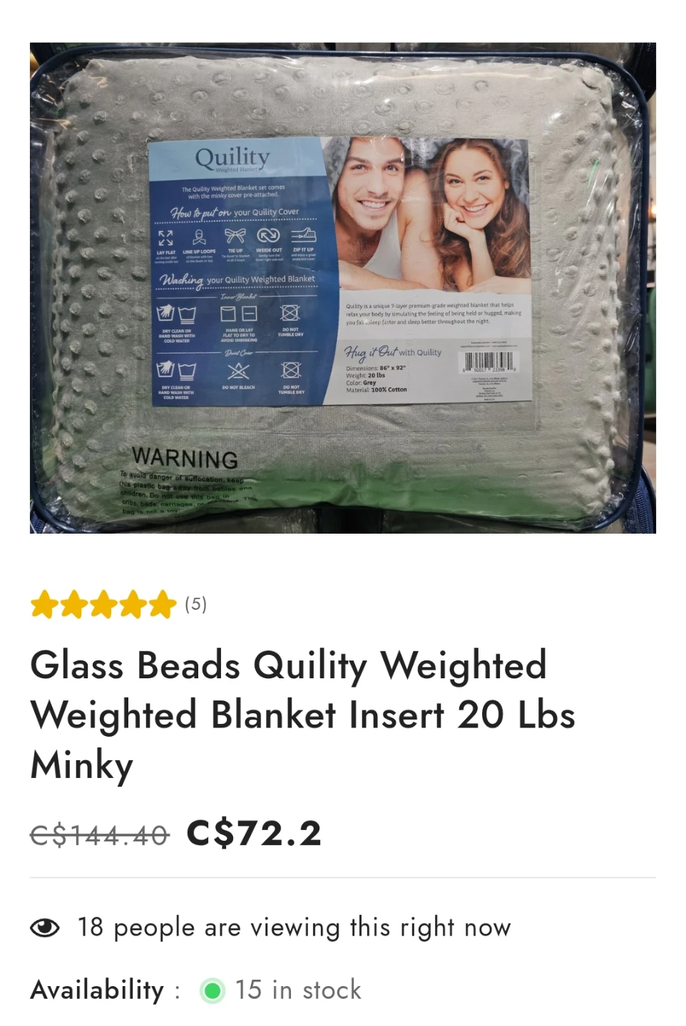 Quilty Weighted Blanket 86" x 92" Grey 20 Lbs