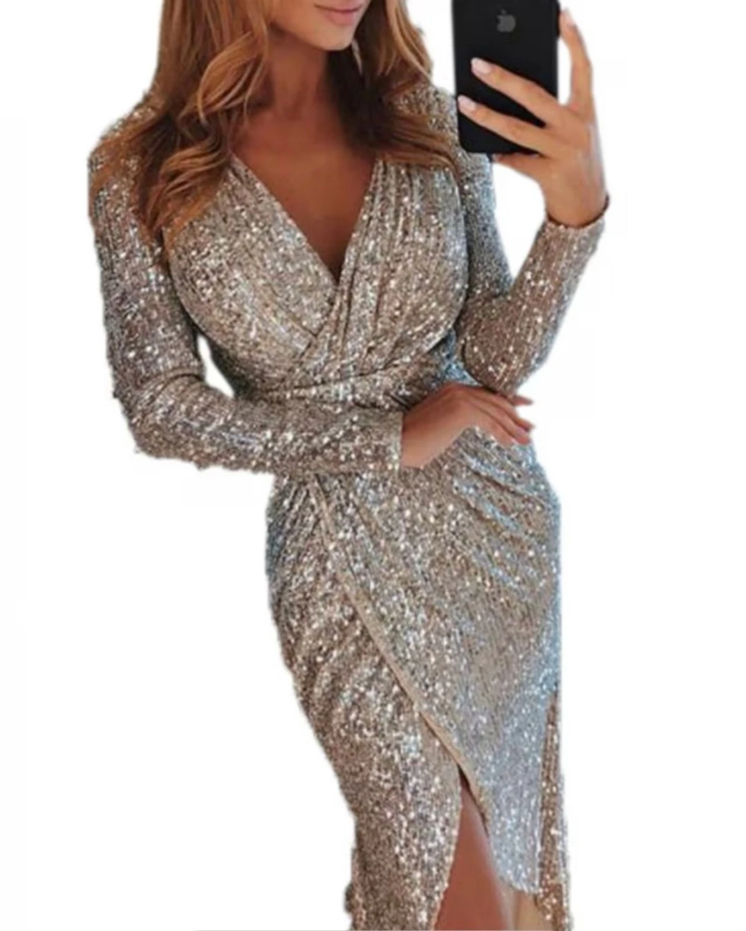 Sparkly Silver Long Sleeve Wrap Dress