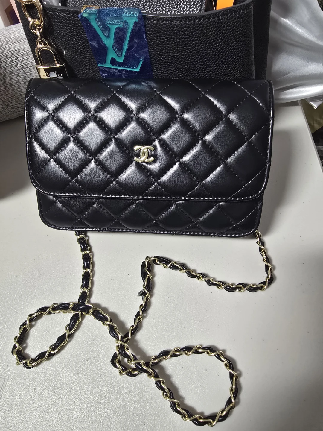 Black Quilted Leather Wallet on Chain Bag
