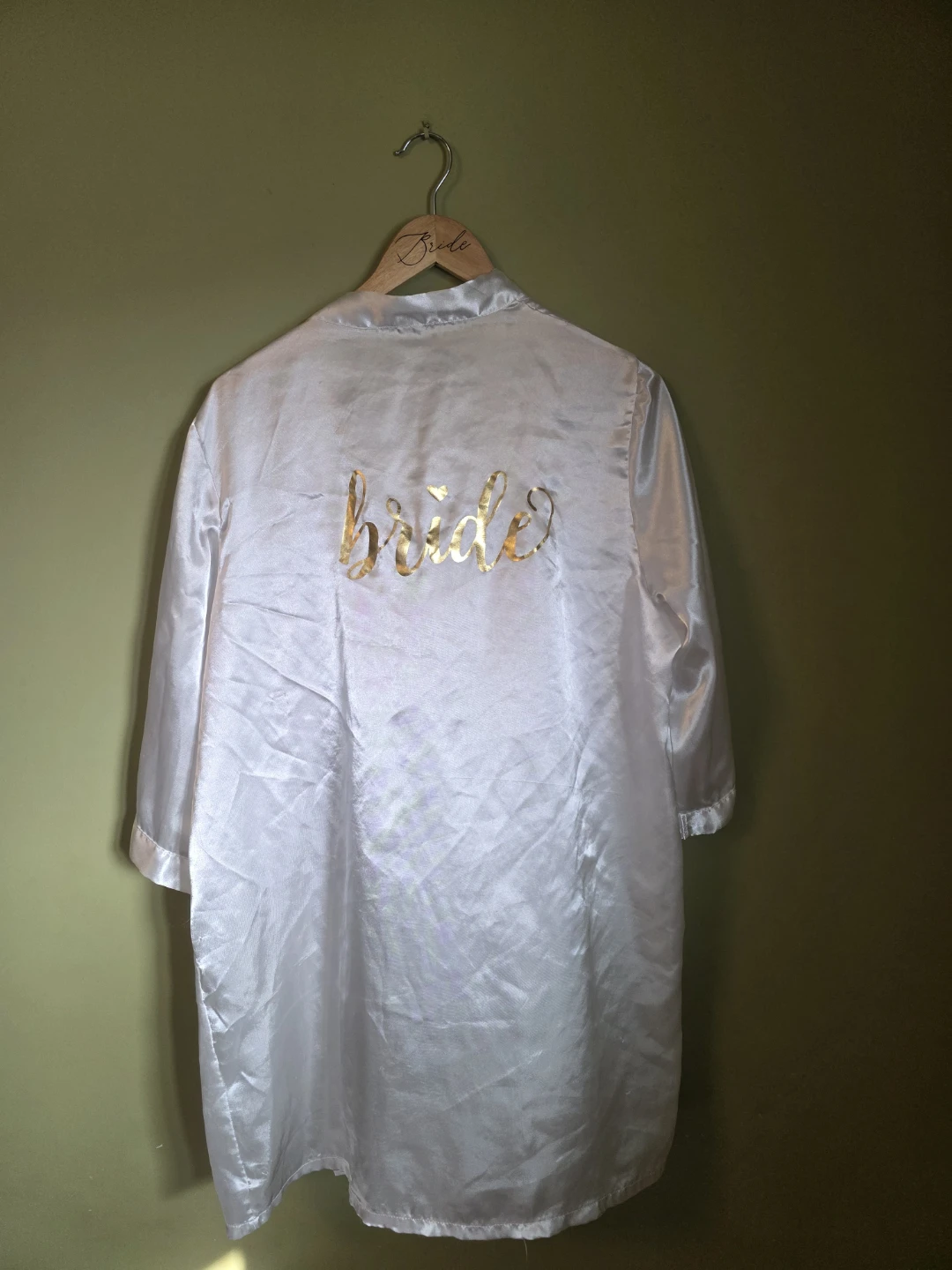 Wooden Bride Hanger and White Satin Robe