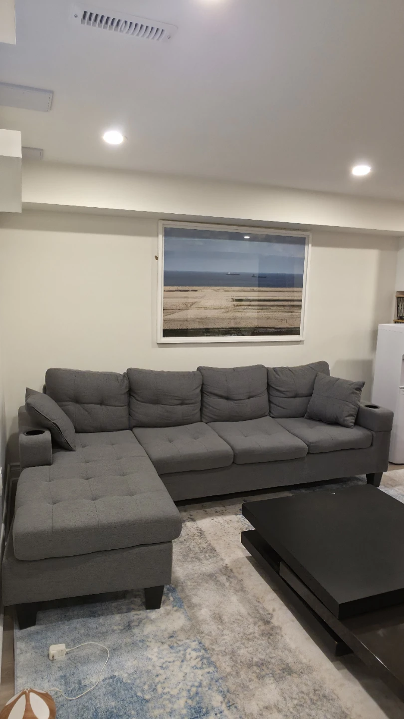 Grey Sectional Sofa with Chaise and Cup Holders