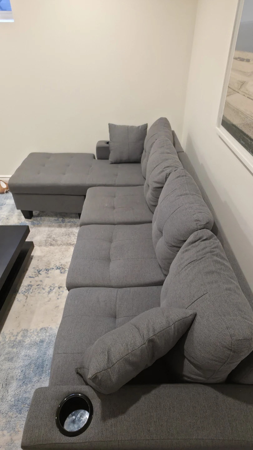 Grey Sectional Sofa with Chaise and Cup Holders - photo 3