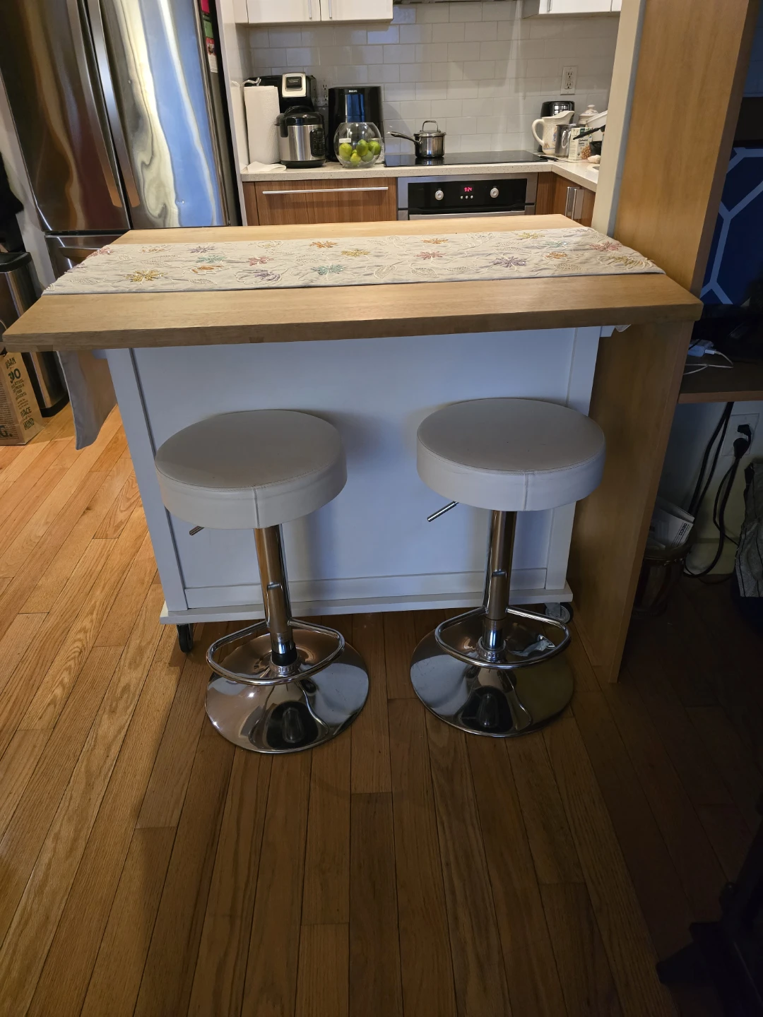 White Kitchen Island Cart with Sliding Doors and Drawers - photo 2