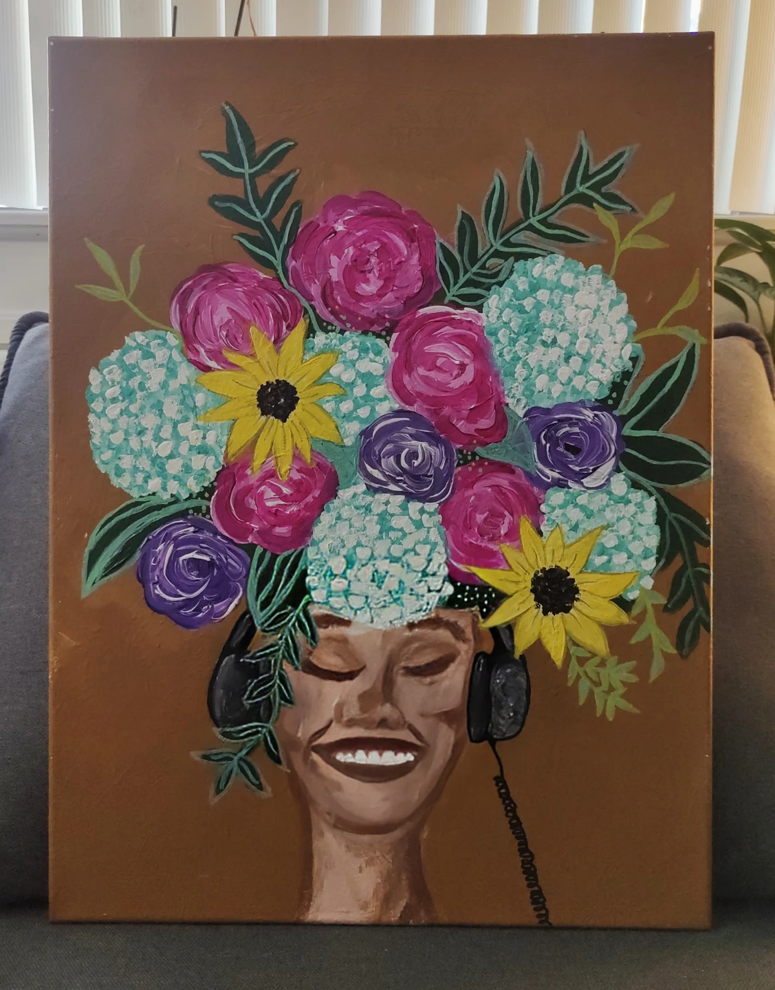 Original Painting - Woman with Flowers and Headphones - photo 2