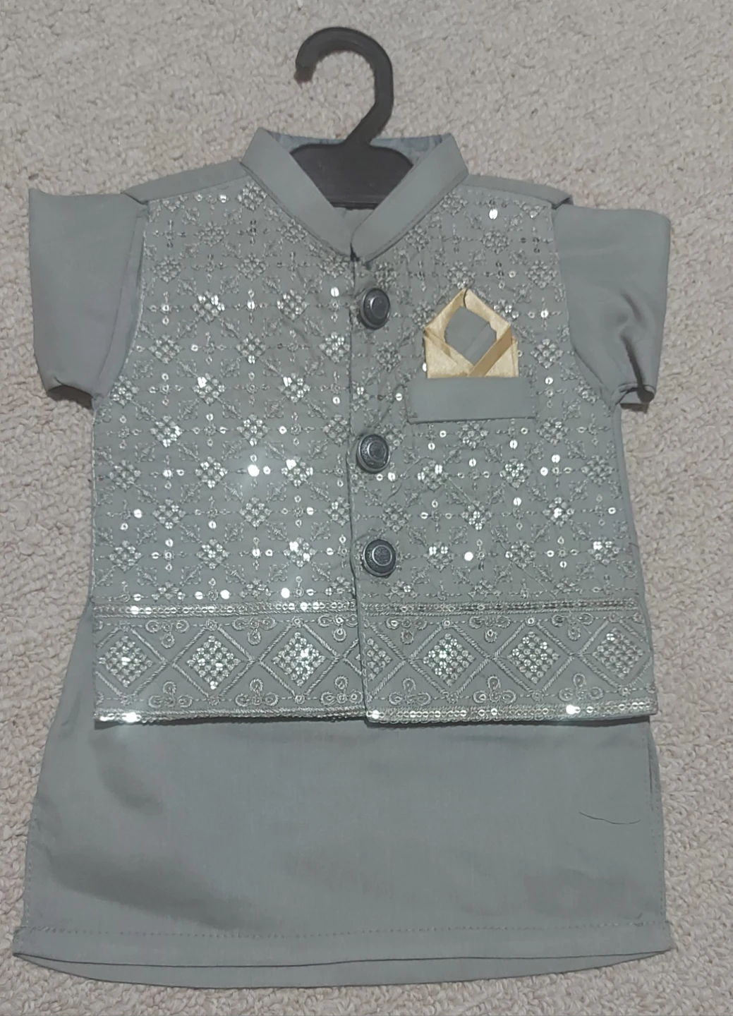 Kids Grey Sequined Vest and Kurta Set