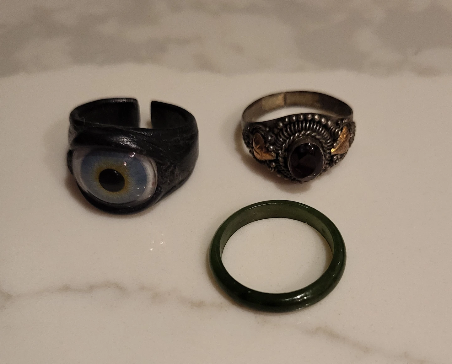 Assorted Rings: Eyeball, Sterling Garnet, Jade Band