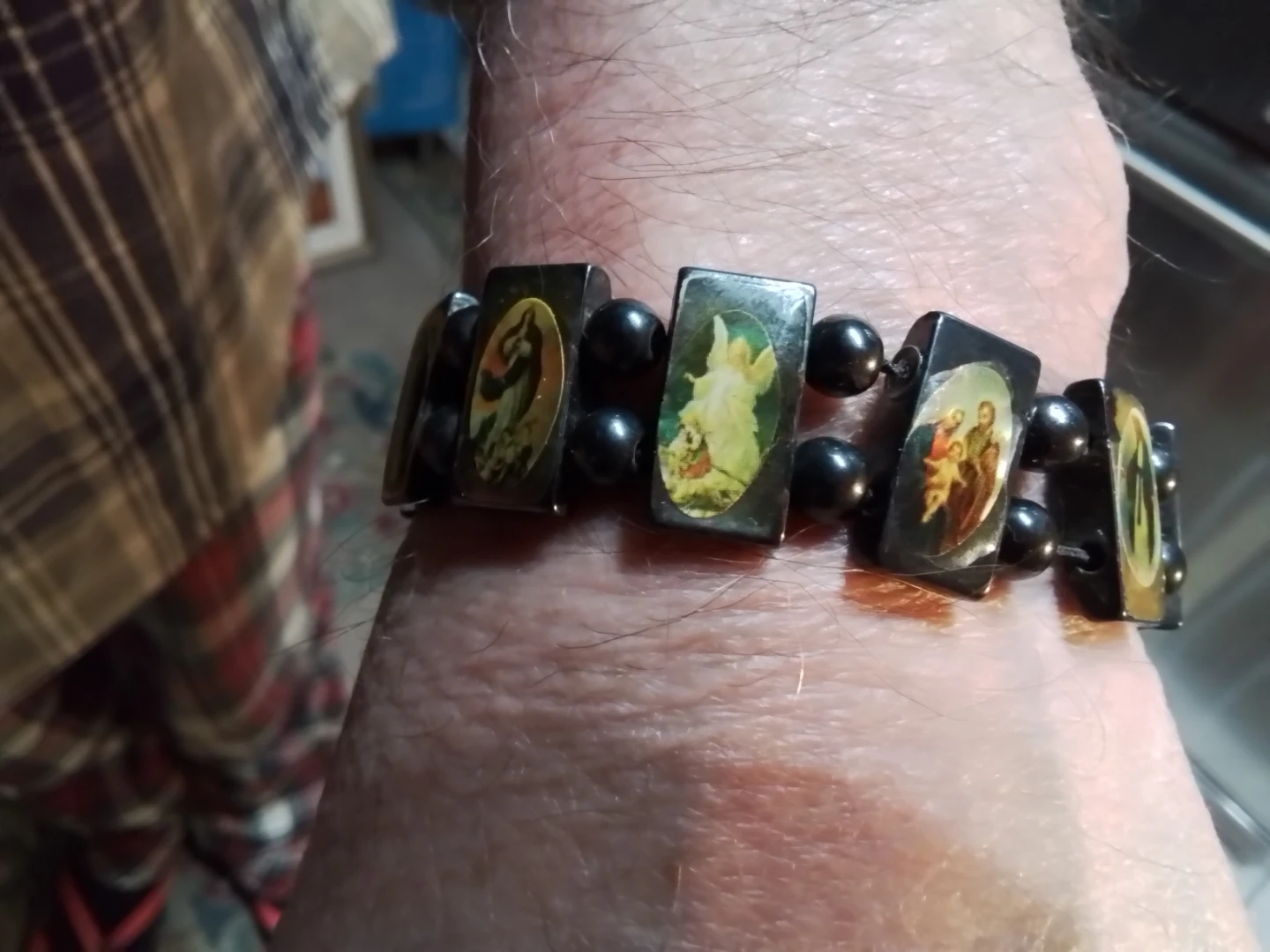 Stretch Religious Icon Bracelet with Black Beads