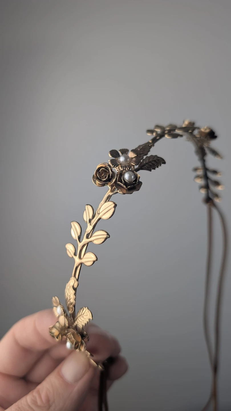 Gold Leaf and Flower Headband with Pearls - photo 4