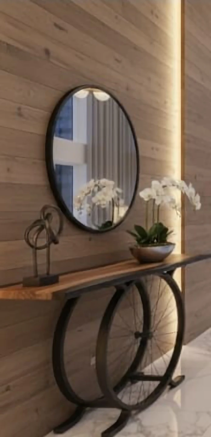 Wood and Epoxy Console Table with Bicycle Wheel Base