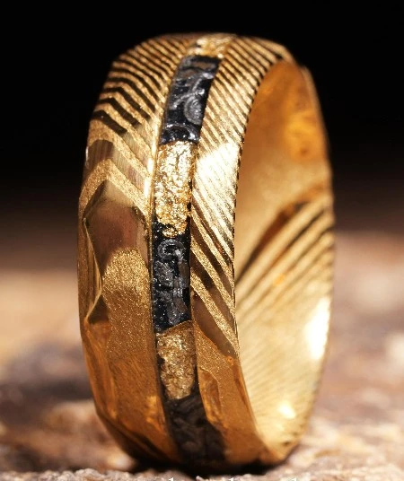 Gold Damascus Steel Ring With Crushed Gold Flakes & Meteorite