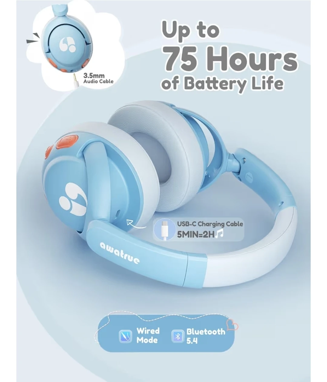Awatrue Kid's Bluetooth Headphones - Light Blue - photo 5
